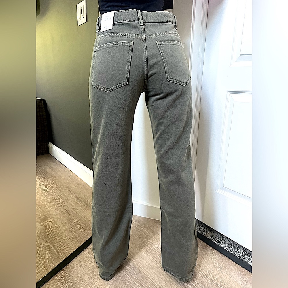Zara High Rise Straight-Leg Jeans in Olive Green
